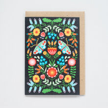 Folk flowers & moths black greeting card